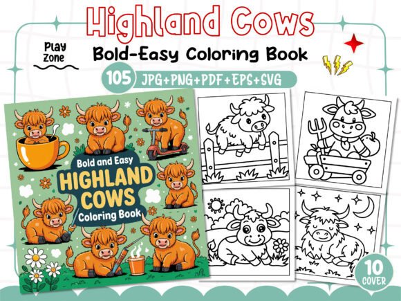 Bold Easy Highland Cow Coloring Book: A Graphic Gem for Local Brands